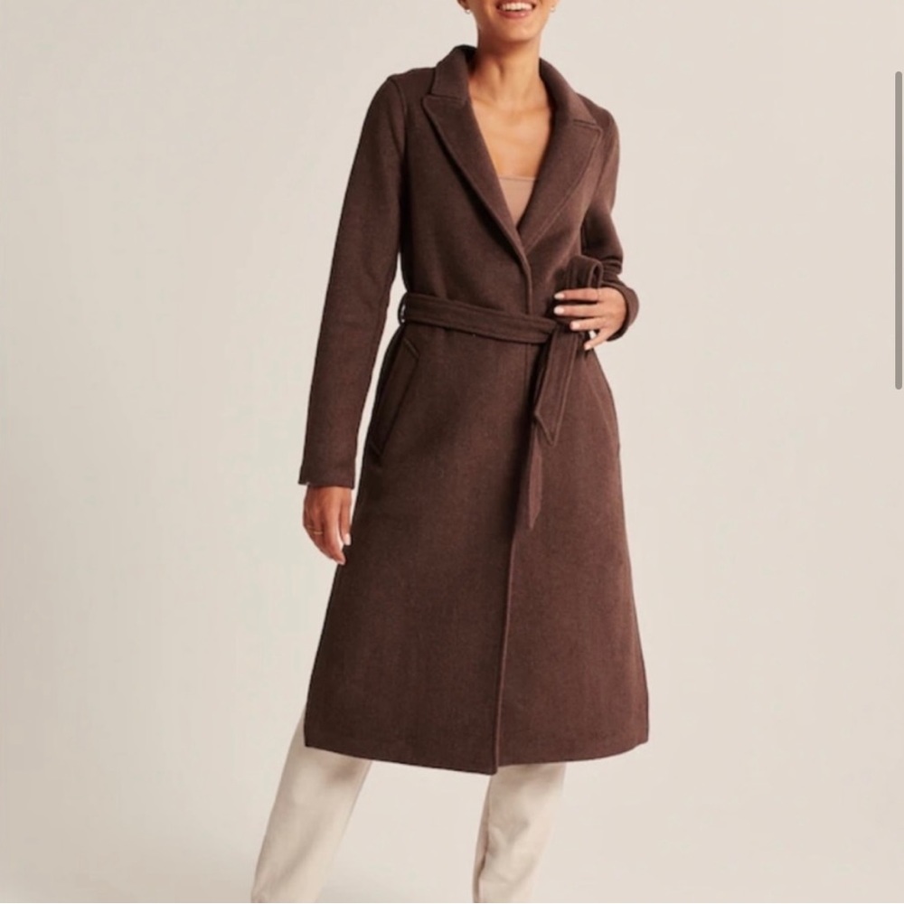 NWT ABERCROMBIE & FITCH Chocolate Brown Wool Blend Belted Dad Coat, size Small P